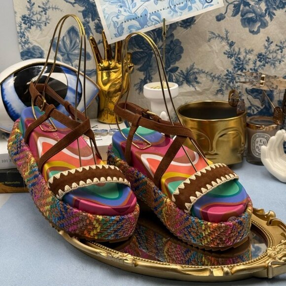 🆕 KURT GEIGER LONDON 🧿 NWOB Chelsea Flatform Sandal, Rainbow Raffia, Sz 37 US7 - Picture 3 of 16